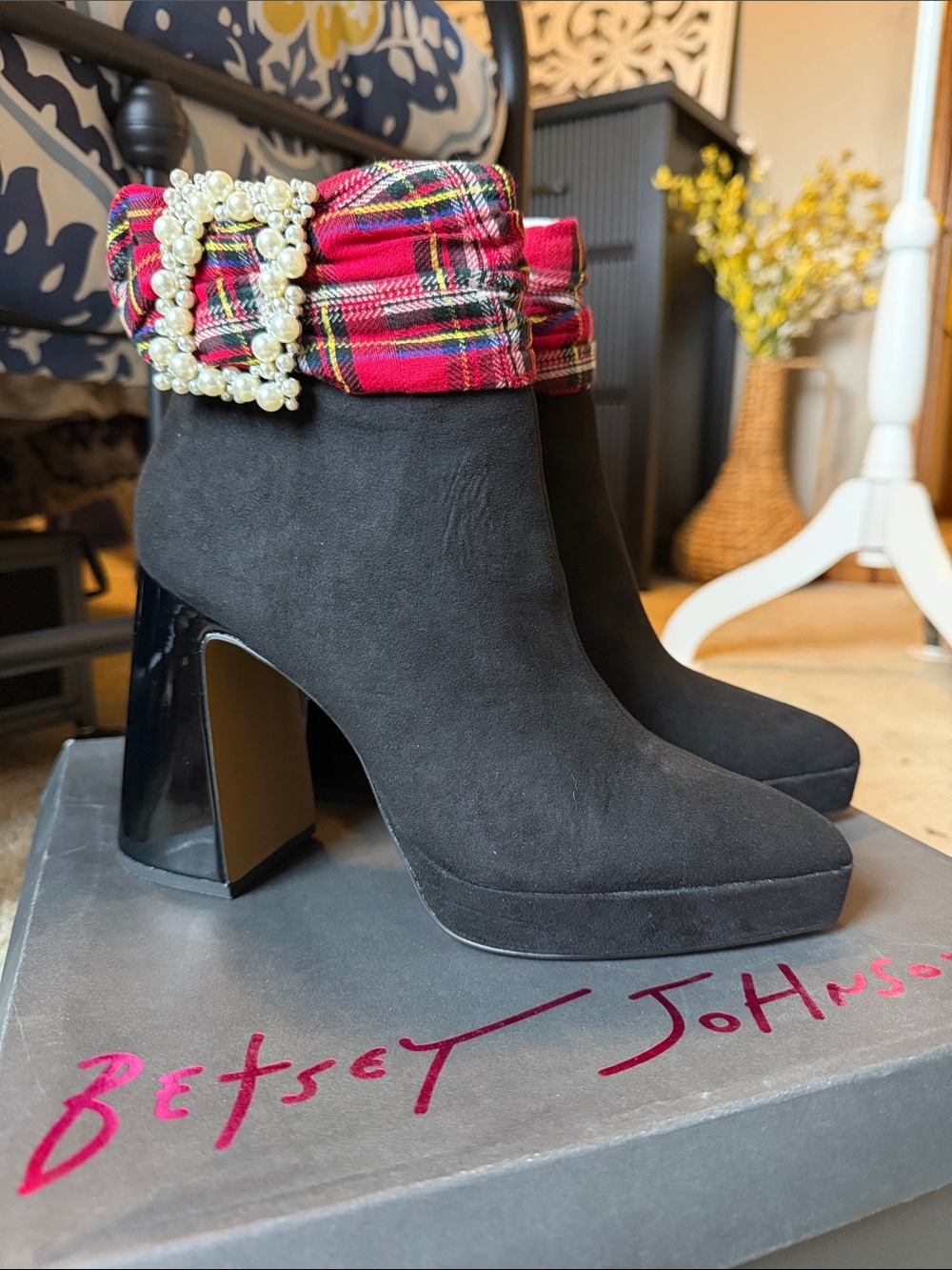 Betsey Johnson Black Suede Ankle Boots with Red Plaid Pearl Buckle Cuff